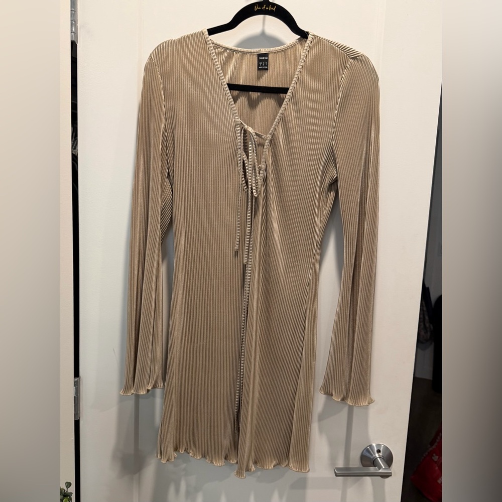 SHEIN Tan Ribbed Long Sleeve Dress
